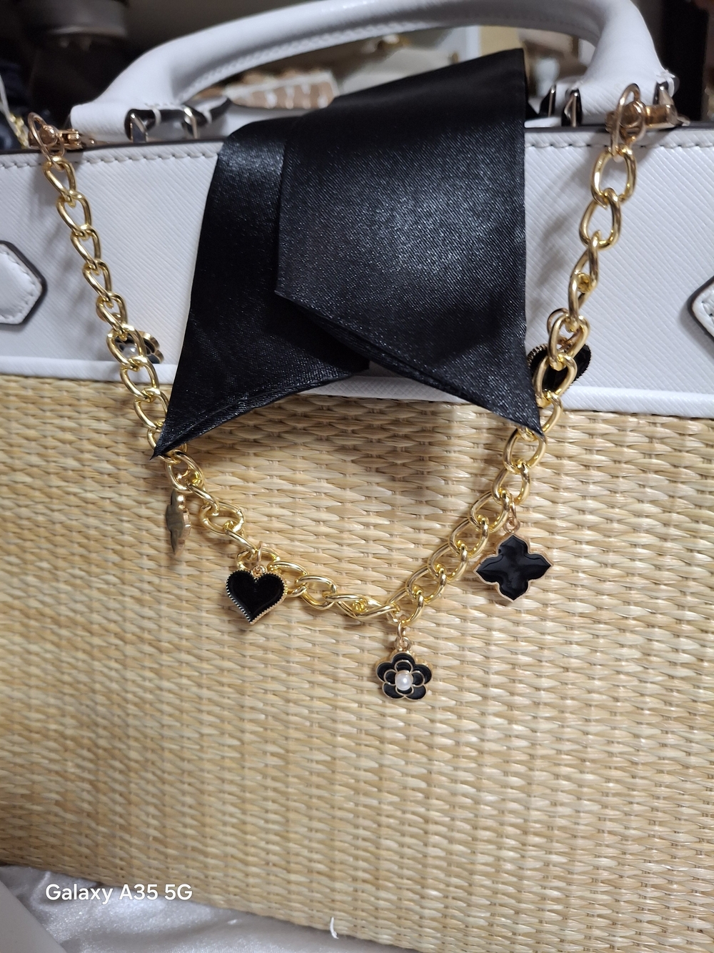 Luxury-inspired Gold Chain Accent For Handbags W/ Charms with Black Enamel